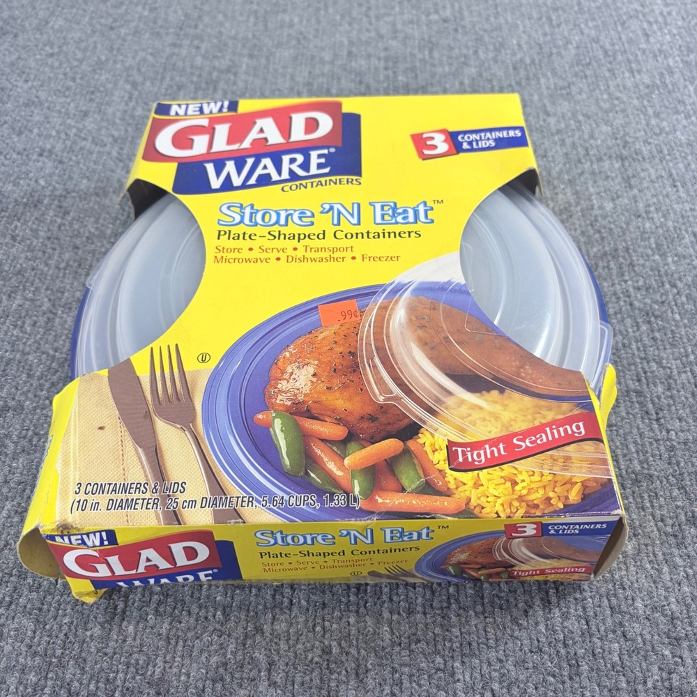 Vintage 2002 GladWare Store N Eat Plate Containers 3 Pack Blue 10in Round New